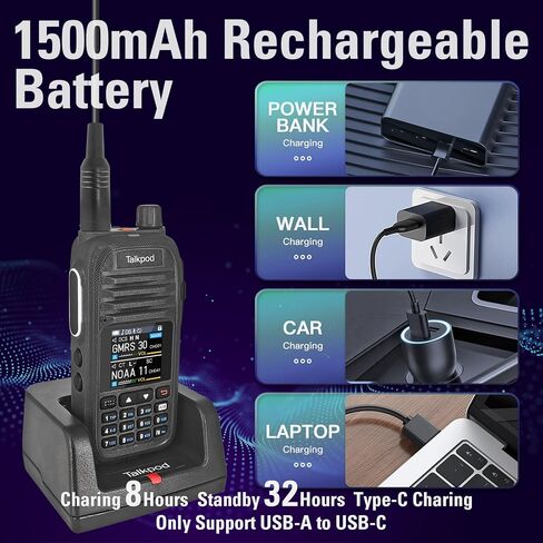 A36SE GMRS Two Way Radio with 771 AirBand Antenna ＆ Earpiece, 1500mAh Battery(2 PCS) Type-C Charging, NOAA, VHF/UHF Receive, 512 Channels-2Pack (Black) in Saudi Arabia