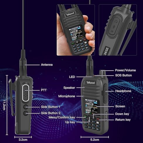 A36SE GMRS Two Way Radio with 771 AirBand Antenna ＆ Earpiece, 1500mAh Battery(2 PCS) Type-C Charging, NOAA, VHF/UHF Receive, 512 Channels-2Pack (Black) in Saudi Arabia