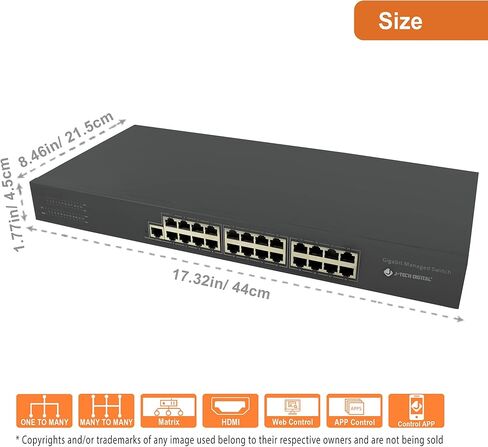 J-Tech Digital ProAV مخصص 24 منفذًا لفيديو/صوت إيثرنت محول غير محدود N2N HDMI موسع مصفوفة محول يصل إلى 400 قدم مع تطبيق التحكم، برنامج تشغيل Control4 (مفتاح الشبكة) in Kuwait