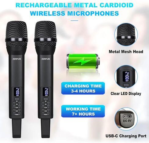 Rechargeable Wireless Microphone, Pro Handheld Cordless Mics System Dynamic with Echo Treble BASS VOL Control for Karaoke Singing Church Party, 1/4'' Output, D240, Grey in Saudi Arabia