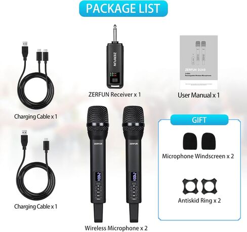 Rechargeable Wireless Microphone, Pro Handheld Cordless Mics System Dynamic with Echo Treble BASS VOL Control for Karaoke Singing Church Party, 1/4'' Output, D240, Grey in Saudi Arabia