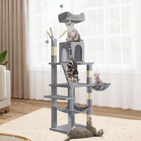 YITAHOME 64.5" Cat Tree, Multi-Level Cat House, Large Cat Condo Furniture with Perch Hammock, Scratching Posts and Dangling Balls for Kittens, Cats and Pets, Light Gray in Saudi Arabia