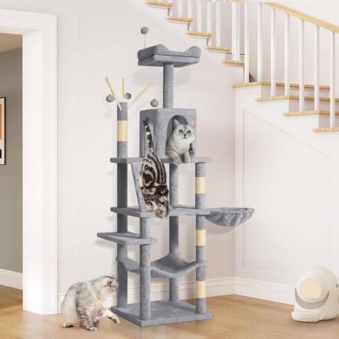 YITAHOME 64.5" Cat Tree, Multi-Level Cat House, Large Cat Condo Furniture with Perch Hammock, Scratching Posts and Dangling Balls for Kittens, Cats and Pets, Light Gray in Saudi Arabia