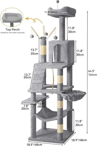 YITAHOME 64.5" Cat Tree, Multi-Level Cat House, Large Cat Condo Furniture with Perch Hammock, Scratching Posts and Dangling Balls for Kittens, Cats and Pets, Light Gray in Saudi Arabia