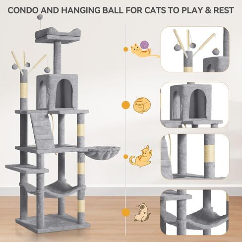 YITAHOME 64.5" Cat Tree, Multi-Level Cat House, Large Cat Condo Furniture with Perch Hammock, Scratching Posts and Dangling Balls for Kittens, Cats and Pets, Light Gray in Saudi Arabia