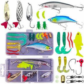 24 Pcs Fishing Bait Lures Kit, Tackle Box with Tackle Included,Minnow, VIB, Spoons, Molds, Hooks,Weights Other Accessories, Freshwater Bass Fishing Lure Set for Beginner and Experienced