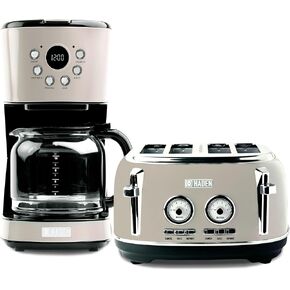 Haden 12 Cup Programmable Drip Coffee Maker Coffee Machine Bundled with Dorset 4 Slice Wide Slot Stainless Steel Toaster, Putty & Chrome
