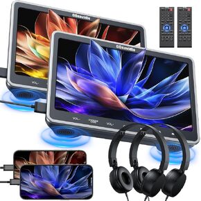 مشغلات DVD للسيارة مقاس 10.1 بوصة للأطفال مع مدخل HDMI وسماعات رأس، تدعم تشغيل أقراص DVD نفسها/المختلفة، الذاكرة الأخيرة، المنطقة الحرة، بطاقة USB SD (مشغلان DVD لمسند الرأس)