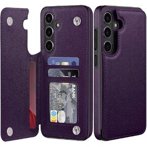 حافظة جلدية لهاتف سامسونج جالاكسي S24 FE مع حامل بطاقة، غطاء قلاب بمسند إغلاق مغناطيسي، حافظة حماية شديدة التحمل مقاومة للصدمات لهاتف سامسونج جالاكسي S24 FE، أرجواني غامق in Kuwait