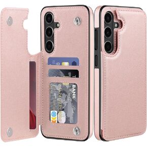 for Samsung Galaxy S25 Case Leather Wallet with Card Holder, Flip Cover Kickstand Magnetic Closure Shockproof Heavy Duty Protective Case for Samsung Galaxy S25,Rose Gold