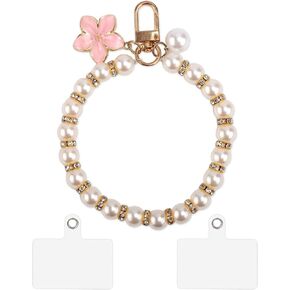 Phone Charms Strap with 2 Tether Tabs, Flower Pearl Phone Wrist Strap Phone Beaded Bracelet Lanyard Cell Phone Chain Wristlet Detachable Phone Keychain Charm Cords for Women Wallet