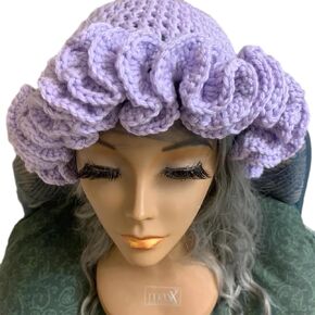 Hat Handmade Crochet Bucket Hat for Woman Teen Outdoor Commute Fisherman Hat Ruffled Brim Winter Windproof Carnival Hat, Light Purple