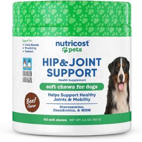 Nutricost Pets دعم الورك والمفاصل مضغ ناعم للكلاب (بنكهة لحم البقر) 60 مضغ ناعم - يدعم صحة المفاصل والحركة، معتمد من NASC