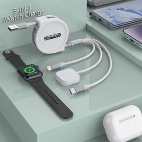 Multi 3-in-1 Retractable Universal Phones Charging Cable+Apple Watch Charger Cord,USB A to Lightning+Type C+iWatch Charger for iWatch Series 9 8 7 6 5 4 3 2 SE/iPhone 15 14 13 12 Pro/Samsung/iPad—Pink
