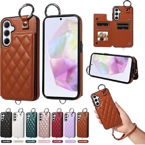 Wallet Cover for Samsung Galaxy A35 5G with Detachable Wrist Strap PU Leather Credit Casd Holder Slots Ring Buckle Flip Purse Stand Accessories Phone Case for A 35 35A A355G Women Rose Gold