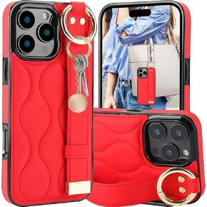 Finger Loop Ring Wrist Band Case for iPhone 16 Pro with Keychain, Adjustable Wristband Holder Kickstand [Stand Function] PU Leather Cover Case for Apple iPhone 16 Pro ZHD-Rose