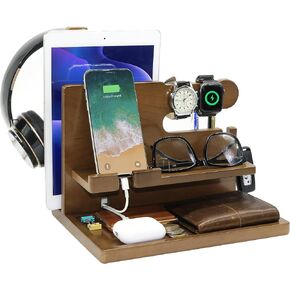 Wooden Phone Docking Station for Men - Nightstand Organizer with Key Holder, Wallet Stand, Watch Organizer and Headphone Holder - Anniversary Birthday Mens Gifts Idea for Dad Husband Boyfriend Uncle