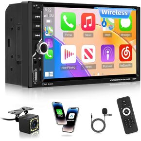 NHOPEEW Double Din Car Stereo with Wireless Carplay and Android Auto - 7 Inch Touch Screen Car Radio - EQ Audio/Mirror Link/Bluetooth/FM Radio/SWC + Backup Camera + Microphone