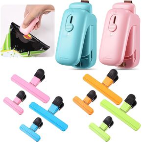 2 Pcs Mini Bag Sealer and 12 Pcs Bag Clips Snack Bag Sealer Snack Handheld Heat Vacuum Sealer Clips Chip Bag Clips for Plastic Bags Food Storage Snacks Freshness