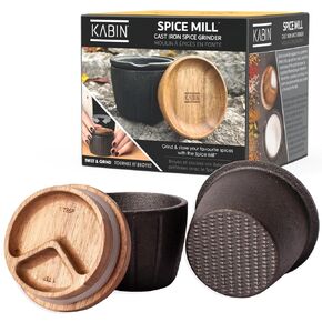 KABIN Spice Mill - Spice Grinder Manual Pepper Mill - Durable Cast Iron Mortar and Pestle Set Herb Crusher - Hand Grind, Measure & Store Your Spices and Herbs- Molcajete Bowl