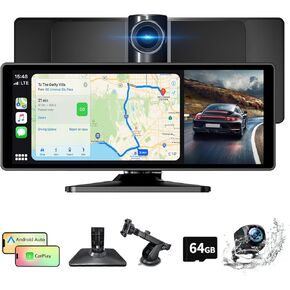 10.26 Inch Carplay Screen for Car, Portable Car Play Screen with Wireless Carplay & Android Auto, 4K Dash Cam/1080P Backup Camera/GPS Navigation/Mirror Link/Bluetooth, Car Touch Screen with 64GB TF