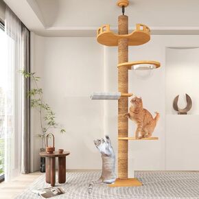 Large Cat Tree Floor to Ceiling， Cat Tower Height Adjustable,Wooden Floor to Ceiling cat Tree,Wooden Cat Tree,Space Capsule,Cat Jumping Platform,Natural Sisal Rope Scratching Post,Bed,Interactive Toy