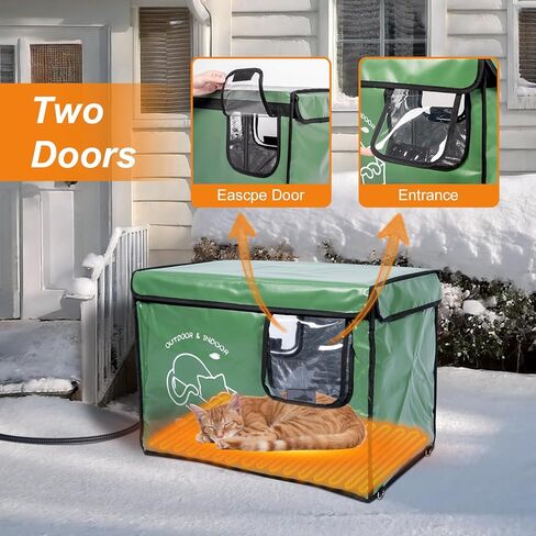 Heated Cat House Outdoor with Two Exits,Insulated and Waterproof, Outside Weatherproof Cat Shelter for Feral,Stray Cats in Winter (Army Green, L) in Kuwait