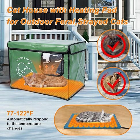 Heated Cat House Outdoor with Two Exits,Insulated and Waterproof, Outside Weatherproof Cat Shelter for Feral,Stray Cats in Winter (Army Green, L) in Kuwait
