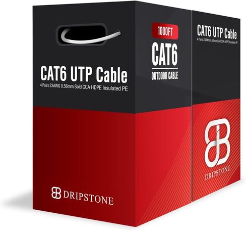 DRIPSTONE 1000ft CAT6 Outdoor Direct Burial Solid CCA Cable 23AWG Waterproof Wire HDPE Insulated Polyethylene for Indoor/Outdoor Installations, Easy Pull Box (White) in Saudi Arabia