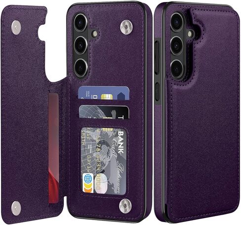 حافظة جلدية لهاتف سامسونج جالاكسي S24 FE مع حامل بطاقة، غطاء قلاب بمسند إغلاق مغناطيسي، حافظة حماية شديدة التحمل مقاومة للصدمات لهاتف سامسونج جالاكسي S24 FE، أرجواني غامق in Kuwait