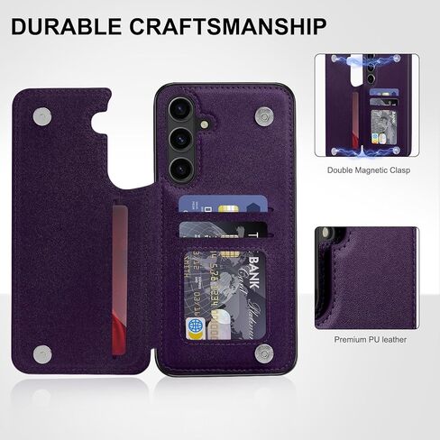 حافظة جلدية لهاتف سامسونج جالاكسي S24 FE مع حامل بطاقة، غطاء قلاب بمسند إغلاق مغناطيسي، حافظة حماية شديدة التحمل مقاومة للصدمات لهاتف سامسونج جالاكسي S24 FE، أرجواني غامق in Kuwait