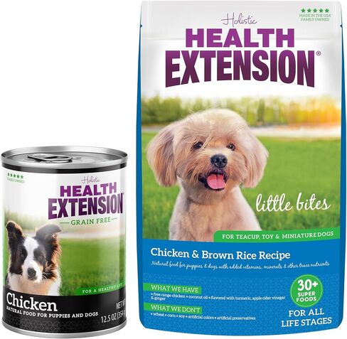 Health Extension Bundle - Little Bites Dry Dog Food Chicken & Brown Rice Recipe (4 lbs) and Wet Dog Food Chicken Recipe (12.5oz Single Can) - Complete Nutrition for Dogs in Saudi Arabia