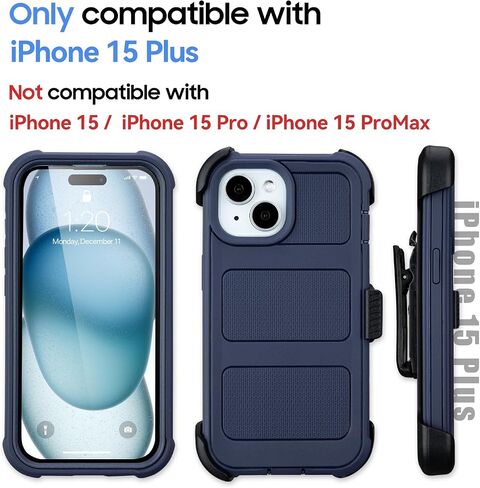 حافظة لهاتف iPhone 15 Plus مع حافظة بمشبك حزام، حافظة لهاتف iPhone 15 Plus مع حامل، هيكل كامل متين وشديد التحمل، 3 طبقات متينة، مضادة للسقوط، لحافظة iPhone 15 Plus الواقية (أسود) in Saudi Arabia