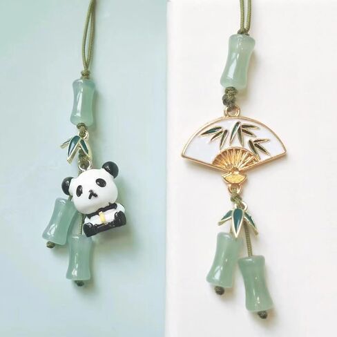 Stylish Cyan Pandas/Fan Phone Lanyard Trendy Han Costume Pendants Fashion Bamboo Joint Phone Charm Straps Ornaments, Style 2 in Kuwait