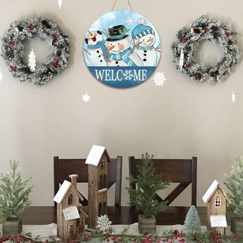 Christmas Door Sign, Snowman Door Decorations, 12 Inch Christmas Door Hanger Welcome Sign Wooden, Winter Wall Hanging Decor, Snowman January Wreath for Front Door, Winter Porch Decor in Saudi Arabia