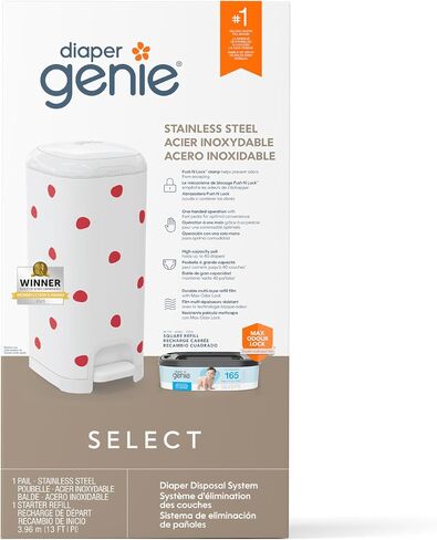 Diaper Genie Select Pail (Multi-Color Polka Dot) is Made of Durable Stainless Steel and Includes 1 Starter Square Refill That can Hold up to 165 Newborn-Sized Diapers. in Saudi Arabia