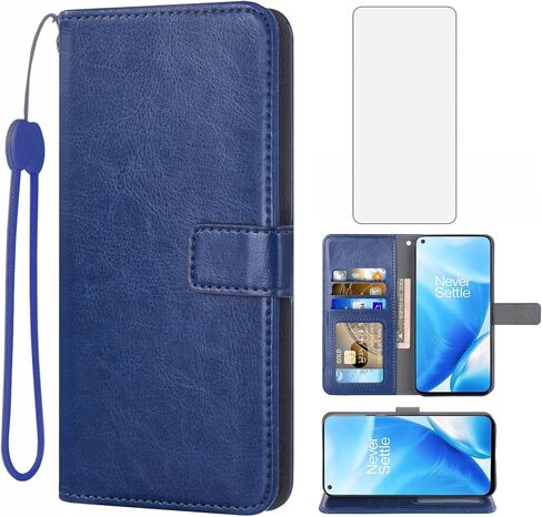 Compatible with OnePlus Nord N200 5G Wallet Case Tempered Glass Screen Protector and Flip Card Holder Stand Cell Phone Cover for One Plus N 200 G5 1 Plus 200N 1plus One+ 1+ N2005G 2021 Women Men Blue in Saudi Arabia