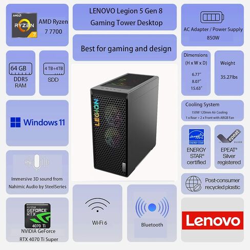 Lenovo Legion Pro Ryzen 7 RTX 4070 Ti Super Extreme Gaming Desktop, AMD Ryzen 7 7700, NVIDIA GeForce RTX 4070 Ti Super, 64GB RAM, 2TB SSD, Win 11 Pro, with Machenike Mechanical Keyboard Bundle in Saudi Arabia