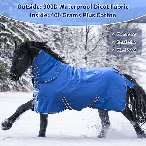 900D Waterproof & Rainproof Horse Blanket - Breathable & Wind Proof Turnout Sheet | Thickened Warm Winter Horse Blanket with Neck Cover (400g Fill) (75'', Blue) in Saudi Arabia
