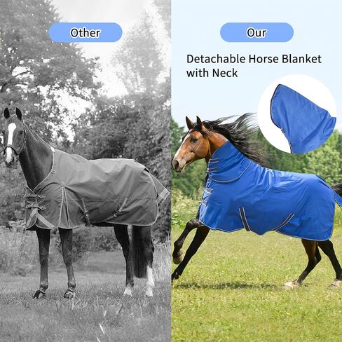 900D Waterproof & Rainproof Horse Blanket - Breathable & Wind Proof Turnout Sheet | Thickened Warm Winter Horse Blanket with Neck Cover (400g Fill) (75'', Blue) in Saudi Arabia