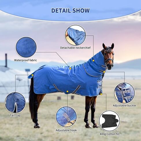 900D Waterproof & Rainproof Horse Blanket - Breathable & Wind Proof Turnout Sheet | Thickened Warm Winter Horse Blanket with Neck Cover (400g Fill) (75'', Blue) in Saudi Arabia