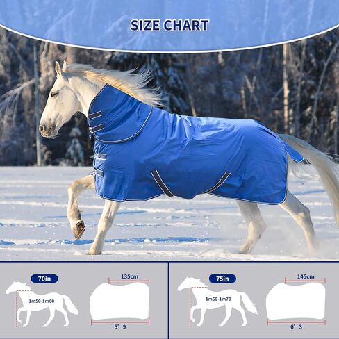 900D Waterproof & Rainproof Horse Blanket - Breathable & Wind Proof Turnout Sheet | Thickened Warm Winter Horse Blanket with Neck Cover (400g Fill) (75'', Blue) in Saudi Arabia