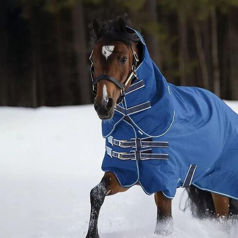 900D Waterproof & Rainproof Horse Blanket - Breathable & Wind Proof Turnout Sheet | Thickened Warm Winter Horse Blanket with Neck Cover (400g Fill) (75'', Blue) in Saudi Arabia