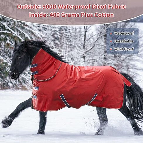 900D Waterproof & Rainproof Horse Blanket - Breathable & Wind Proof Turnout Sheet | Thickened Warm Winter Horse Blanket with Neck Cover (400g Fill) (75'', Blue) in Saudi Arabia