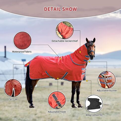900D Waterproof & Rainproof Horse Blanket - Breathable & Wind Proof Turnout Sheet | Thickened Warm Winter Horse Blanket with Neck Cover (400g Fill) (75'', Blue) in Saudi Arabia