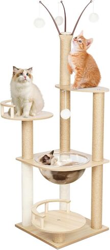 Cat Tree, Wooden Cat Tower for Indoor Large Cats, 52" Large Cat Tree Tower with Sisal Scratching Posts, Transparent Perch and Dangling Furry Ball for Small Large Cats in Saudi Arabia