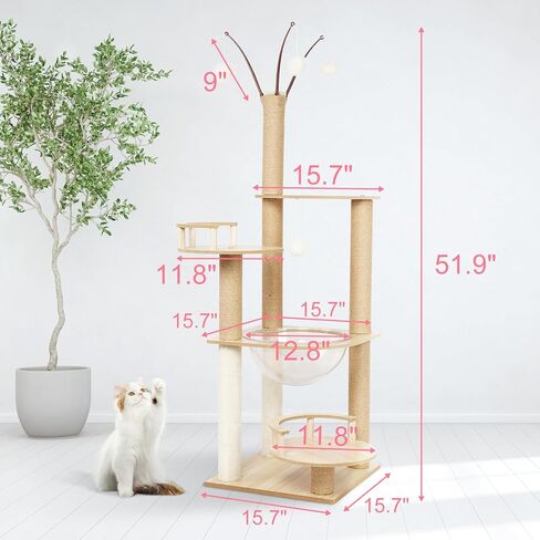 Cat Tree, Wooden Cat Tower for Indoor Large Cats, 52" Large Cat Tree Tower with Sisal Scratching Posts, Transparent Perch and Dangling Furry Ball for Small Large Cats in Saudi Arabia