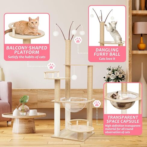 Cat Tree, Wooden Cat Tower for Indoor Large Cats, 52" Large Cat Tree Tower with Sisal Scratching Posts, Transparent Perch and Dangling Furry Ball for Small Large Cats in Saudi Arabia