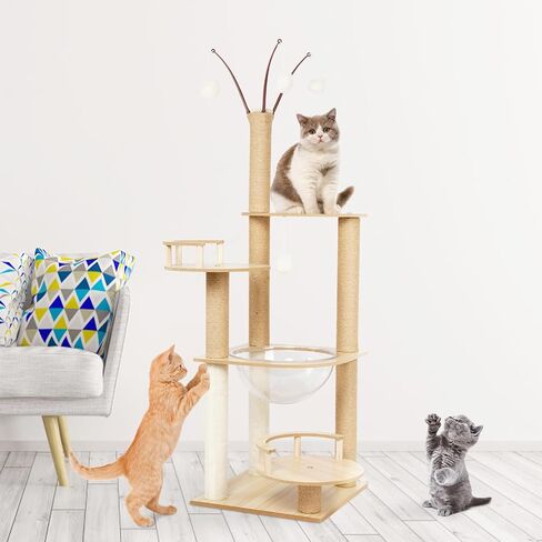 Cat Tree, Wooden Cat Tower for Indoor Large Cats, 52" Large Cat Tree Tower with Sisal Scratching Posts, Transparent Perch and Dangling Furry Ball for Small Large Cats in Saudi Arabia