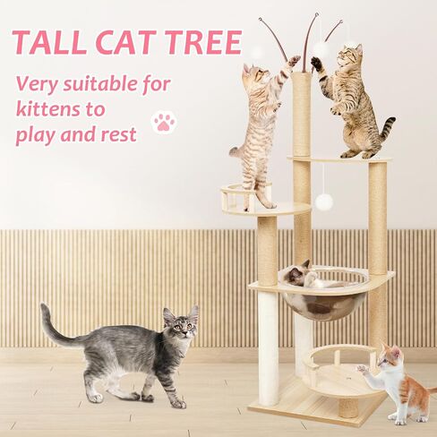 Cat Tree, Wooden Cat Tower for Indoor Large Cats, 52" Large Cat Tree Tower with Sisal Scratching Posts, Transparent Perch and Dangling Furry Ball for Small Large Cats in Saudi Arabia